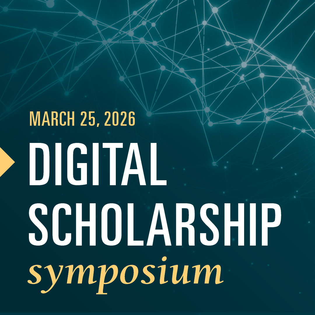 the words 'digital scholarship symposium' overlay a blue background