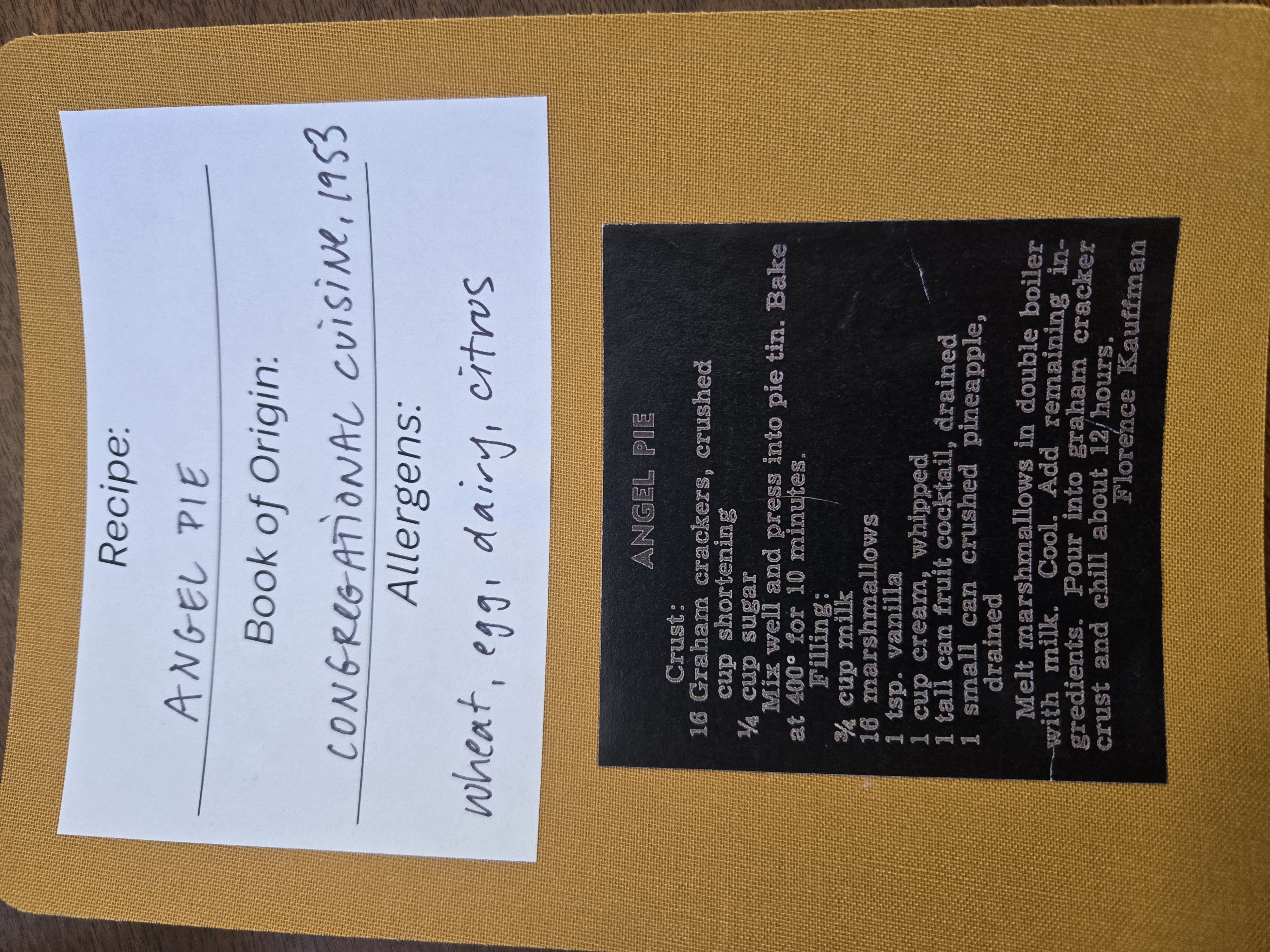 A recipe card for Angel Pie from the 1953 Congregational Cuisine cookbook.