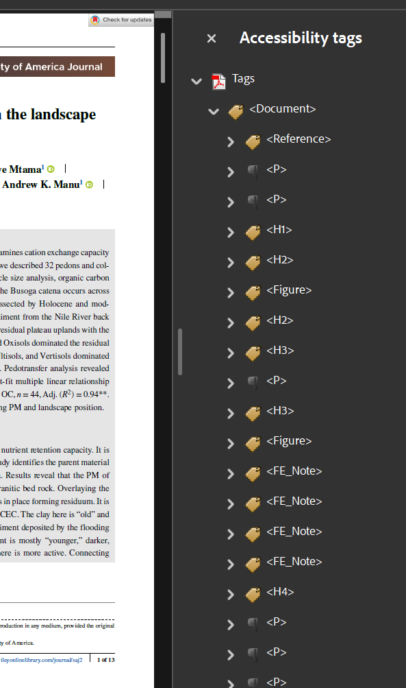 Screenshot of accessiblity tags for research article in Adobe Acrobat