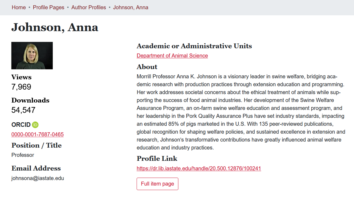 Screenshot of Digital Repository author profile