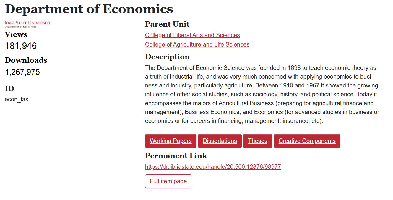 Screenshot of Department of Economics repository home page